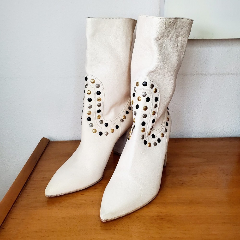 Free People Studded Dakota Ivory Leather Heel Boots Western Wear Core SZ 38.5